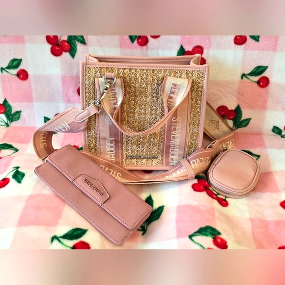Steve Madden Pink Straw Bwebber Purse with matching wallet - Picture 1 of 12
